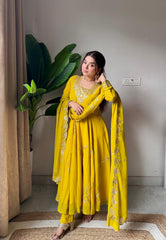 Haldi special mustard anarkali gown and dupatta (set of 2)