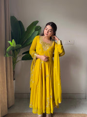 Haldi special mustard anarkali gown and dupatta (set of 2)