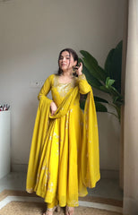 Haldi special mustard anarkali gown and dupatta (set of 2)