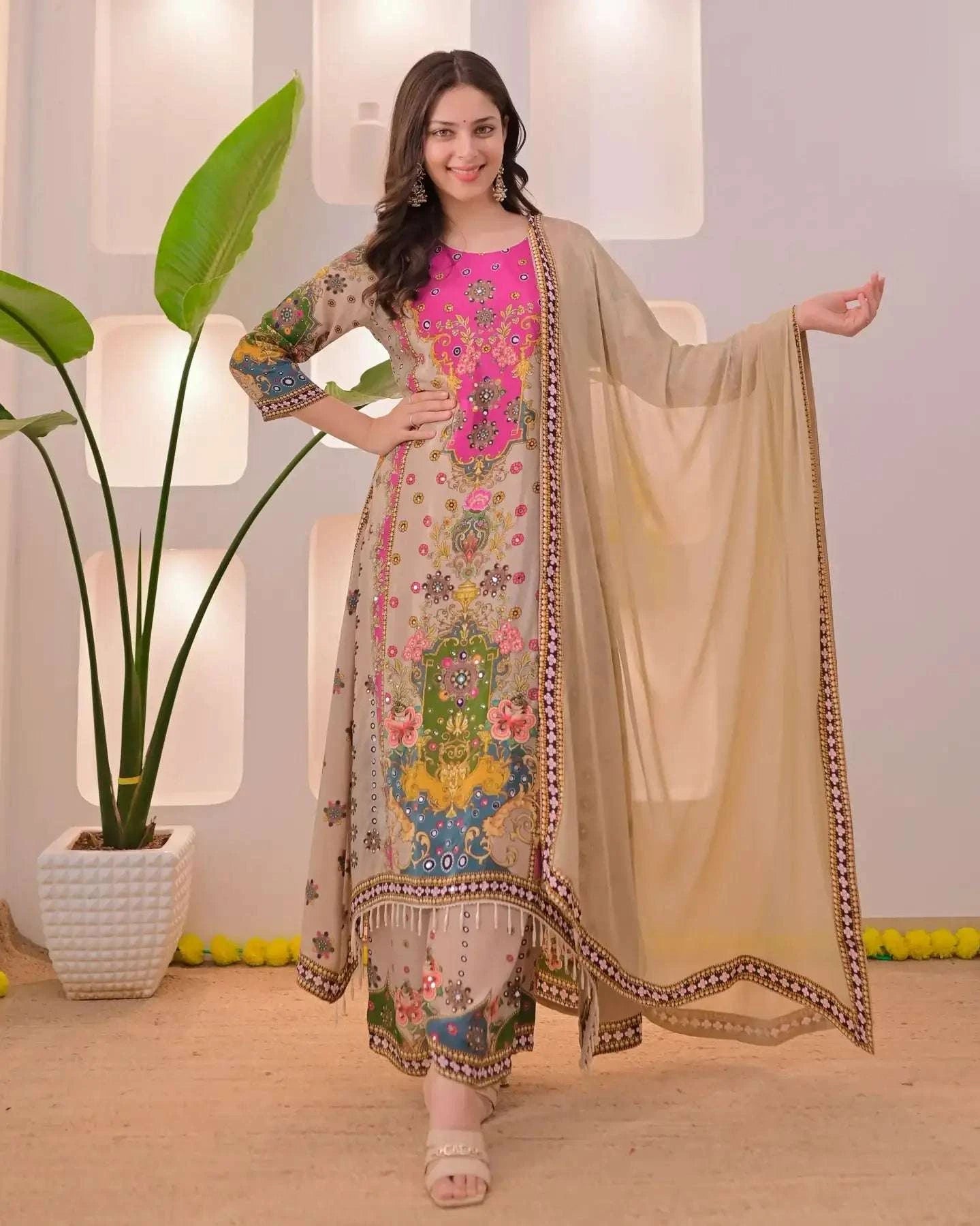 Noor-e-mahal golden beige festive suit (set of 3)