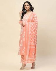 Floral Printed Notch Neck Pure Cotton Straight Kurta With Pant And Dupatta - Eraya