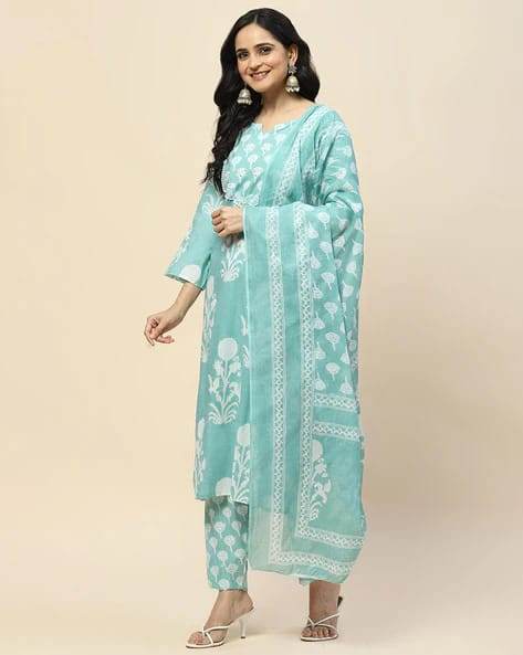 Floral Printed Notch Neck Pure Cotton Straight Kurta With Pant And Dupatta-II - Eraya
