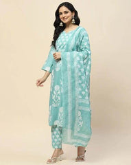 Floral Printed Notch Neck Pure Cotton Straight Kurta With Pant And Dupatta-II - Eraya