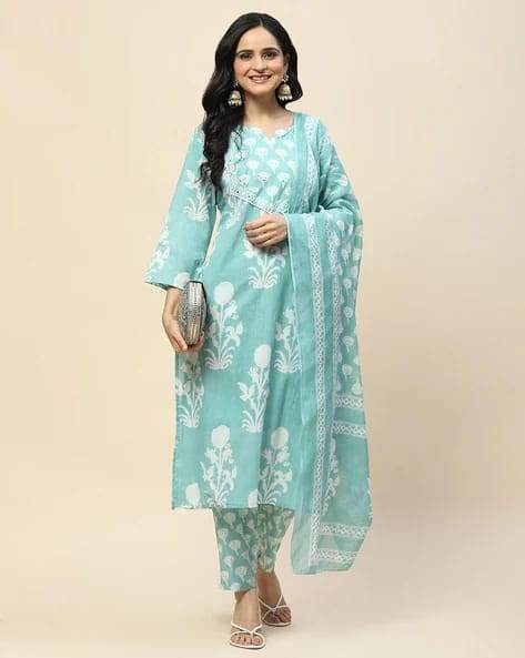 Floral Printed Notch Neck Pure Cotton Straight Kurta With Pant And Dupatta-II - Eraya