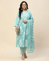 Floral Printed Notch Neck Pure Cotton Straight Kurta With Pant And Dupatta-II - Eraya