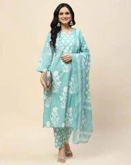 Floral Printed Notch Neck Pure Cotton Straight Kurta With Pant And Dupatta-II - Eraya