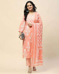 Floral Printed Notch Neck Pure Cotton Straight Kurta With Pant And Dupatta - Eraya