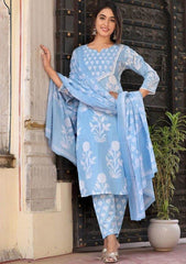 Floral Printed Notch Neck Pure Cotton Straight Kurta With Pant And Dupatta - Eraya
