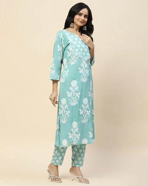 Floral Printed Notch Neck Pure Cotton Straight Kurta With Pant And Dupatta-II - Eraya
