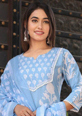 Floral Printed Notch Neck Pure Cotton Straight Kurta With Pant And Dupatta - Eraya