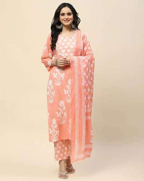 Floral Printed Notch Neck Pure Cotton Straight Kurta With Pant And Dupatta - Eraya