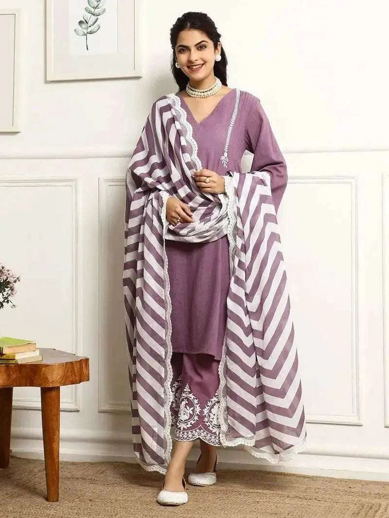 Lavender colour V-shaped cotton kurti-pant and dupatta set - Eraya