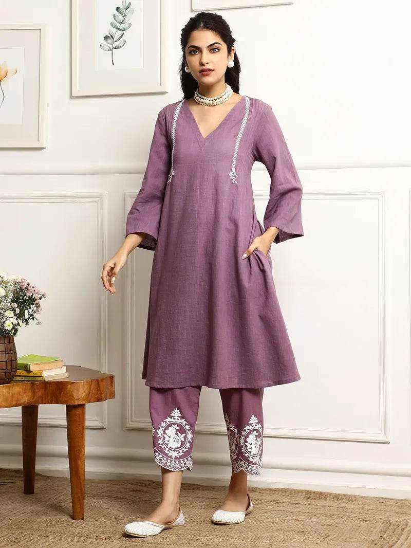 Lavender colour V-shaped cotton kurti-pant and dupatta set - Eraya
