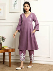 Lavender colour V-shaped cotton kurti-pant and dupatta set - Eraya