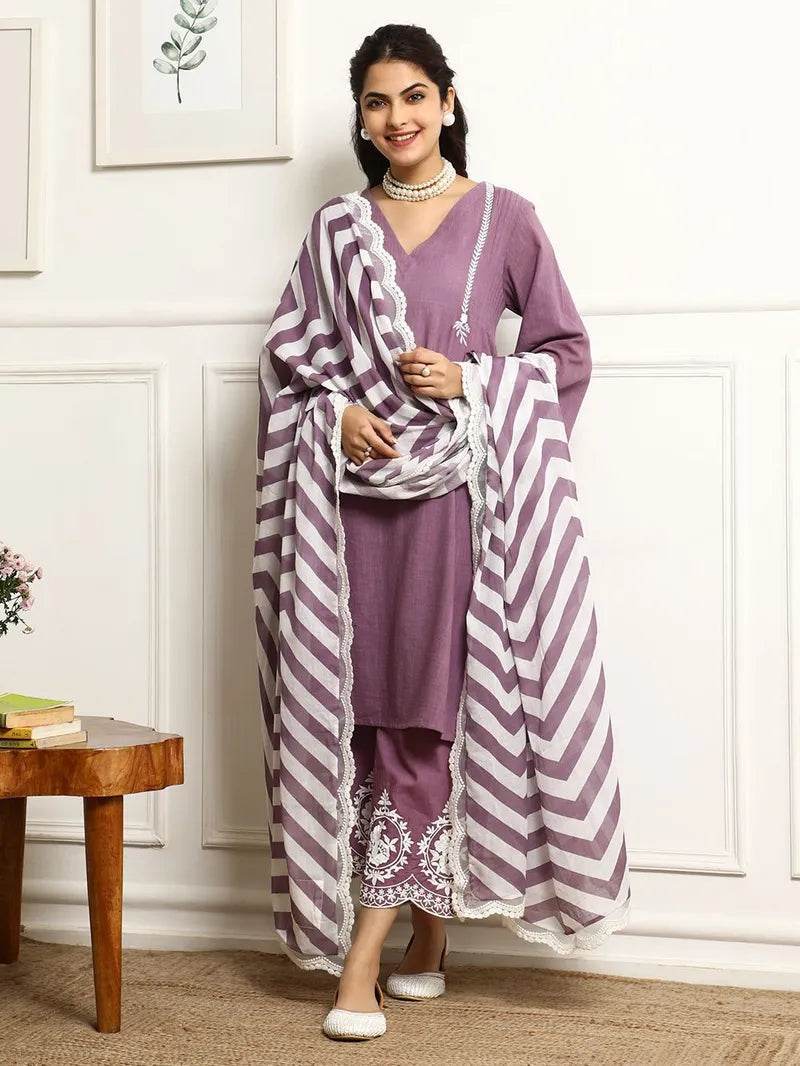 Lavender colour V-shaped cotton kurti-pant and dupatta set - Eraya