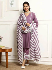 Lavender colour V-shaped cotton kurti-pant and dupatta set - Eraya