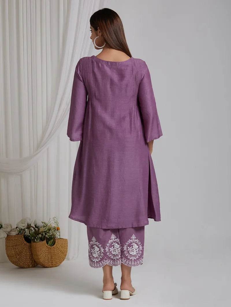 Lavender colour V-shaped cotton kurti-pant and dupatta set - Eraya