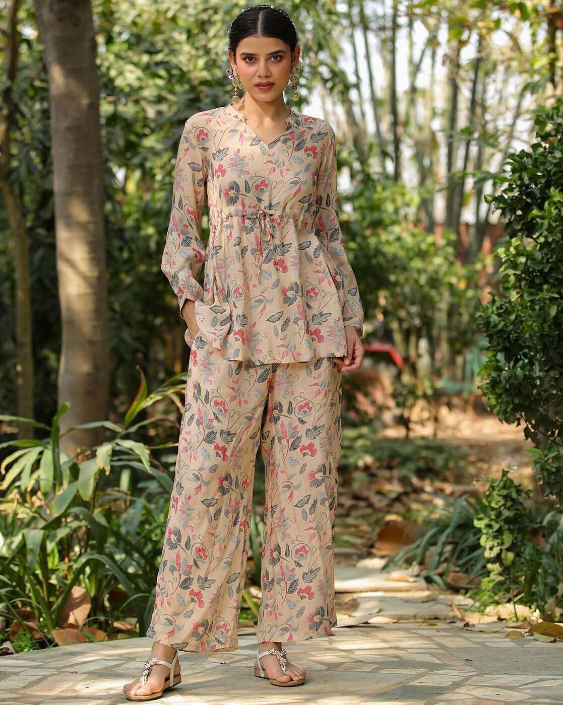 Floral Muslin Silk Printed Peplum Kurti With Palazzo Co-Ord Set