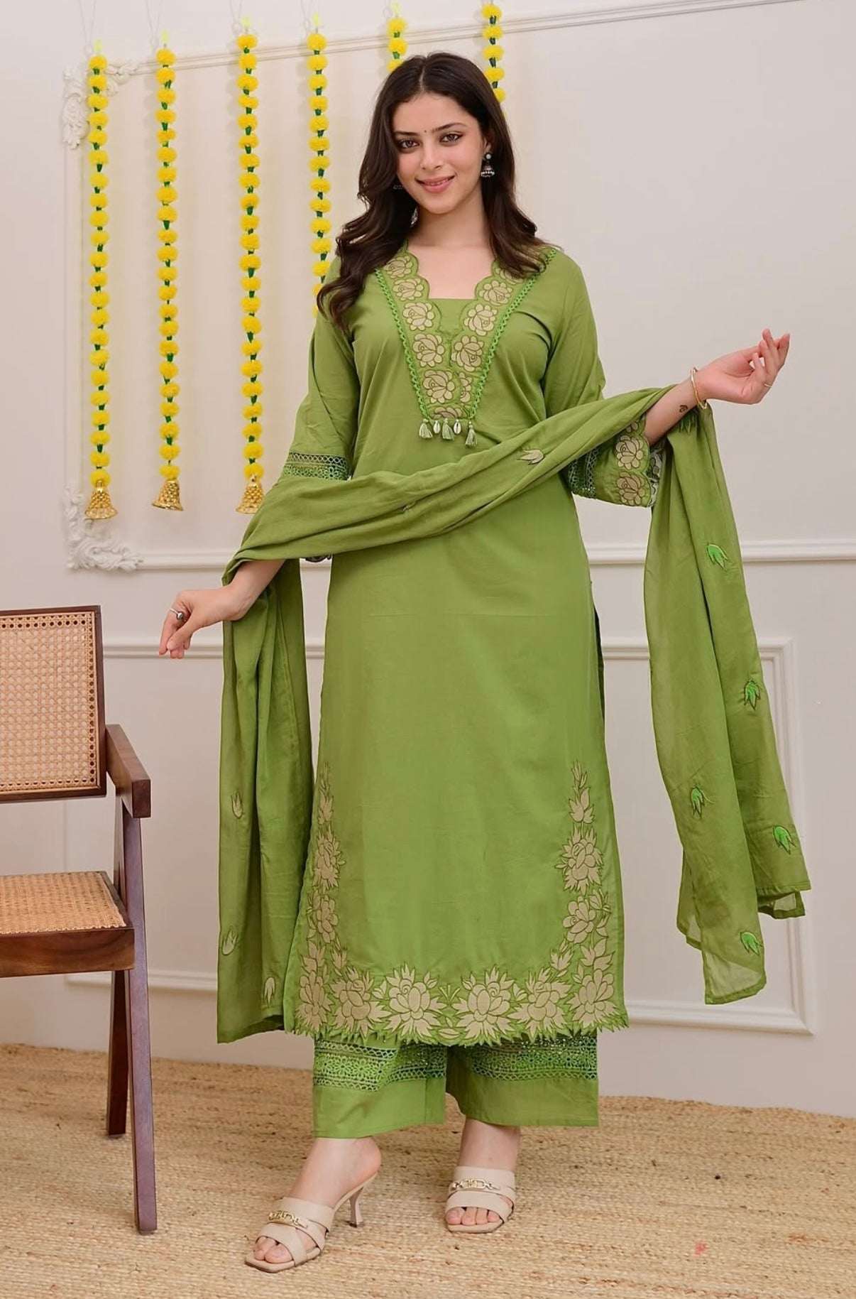 Ruchira A-line cotton embroidered suit (set of 3)