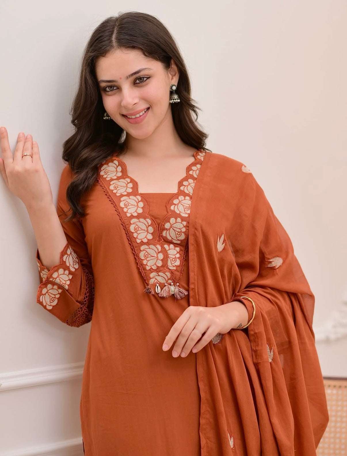 Ruchira A-line cotton embroidered suit (set of 3)