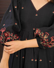 Royal black elastic baloon sleeve pattern anarkali set - Eraya