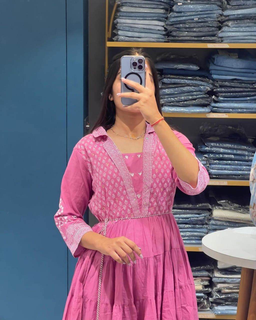 Adda work sanganeri printed anarkali kurta-pant set - Eraya