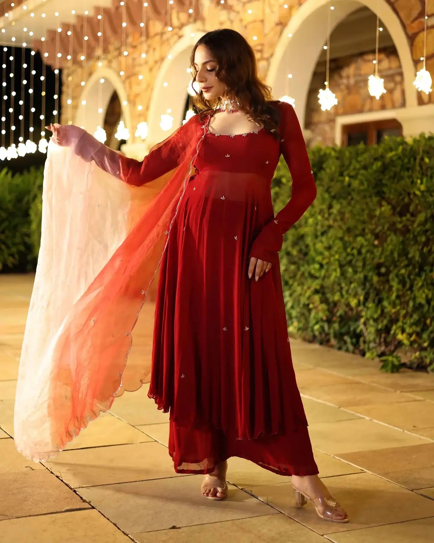 Rustika maroon embroidered georgette suit (set of 3)