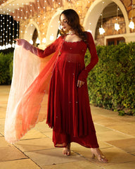 Rustika maroon embroidered georgette suit (set of 3)