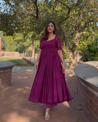 Royal magenta: Mirror work anarkali-plazo (set of 2)