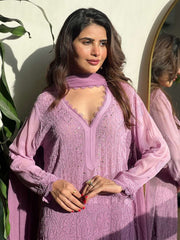 Paisley lavender chikankari and lace work kurta set (set of 3)