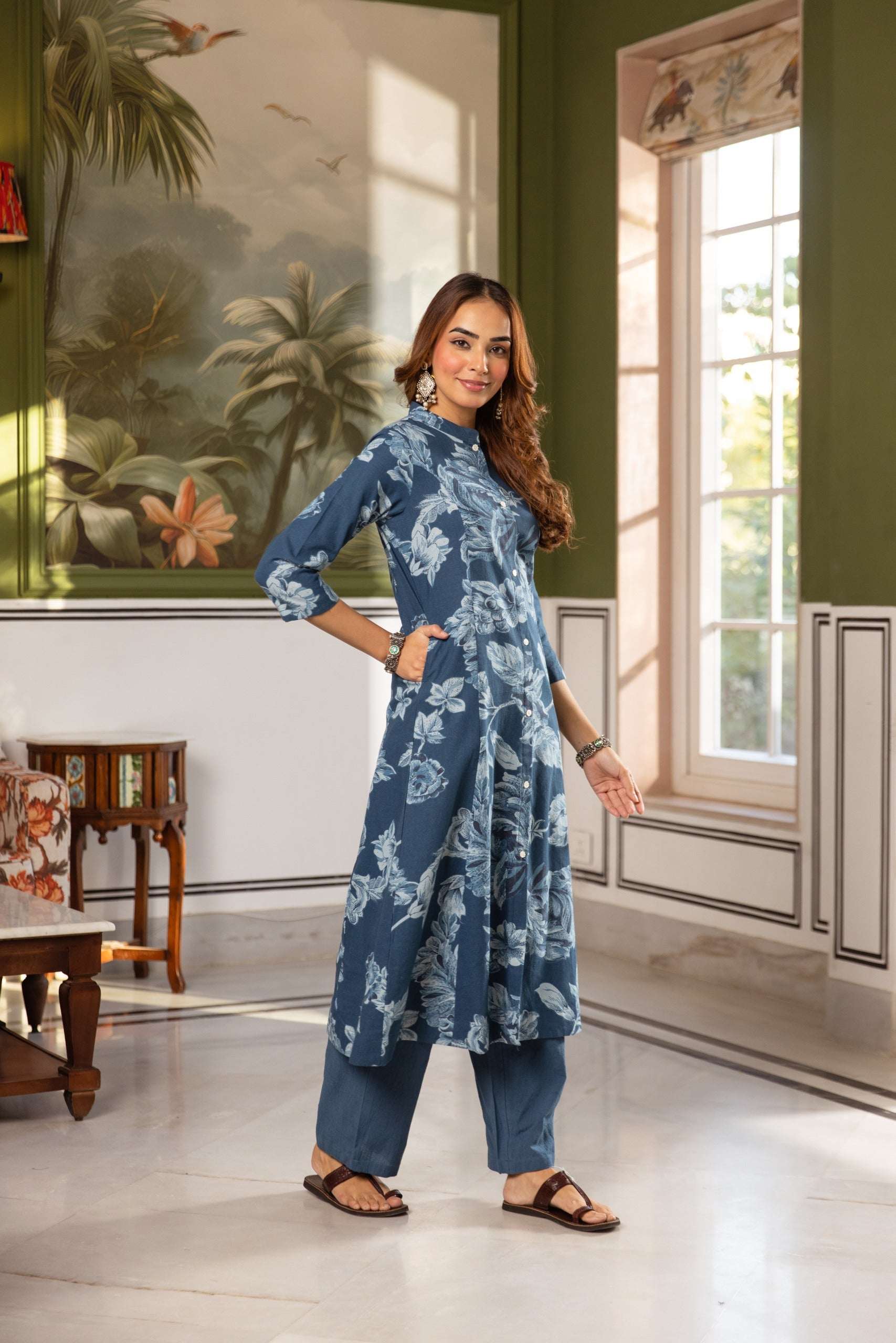 Tarini Indigo Bloom A-Line Kurta (set of 2)