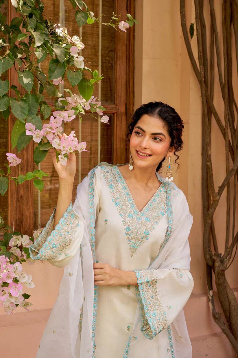 Shahi Vastram: Ivory White Chanderi Embroidered Suit Set. - Eraya