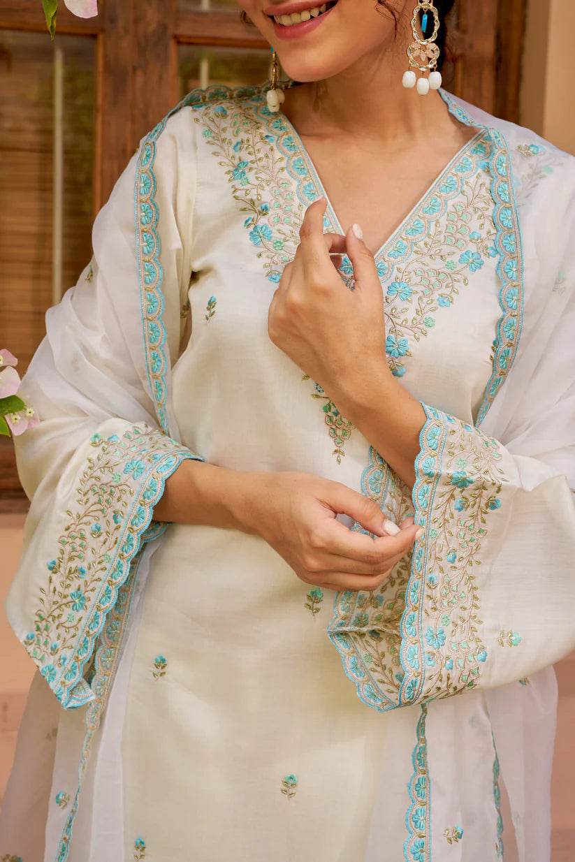 Shahi Vastram: Ivory White Chanderi Embroidered Suit Set. - Eraya