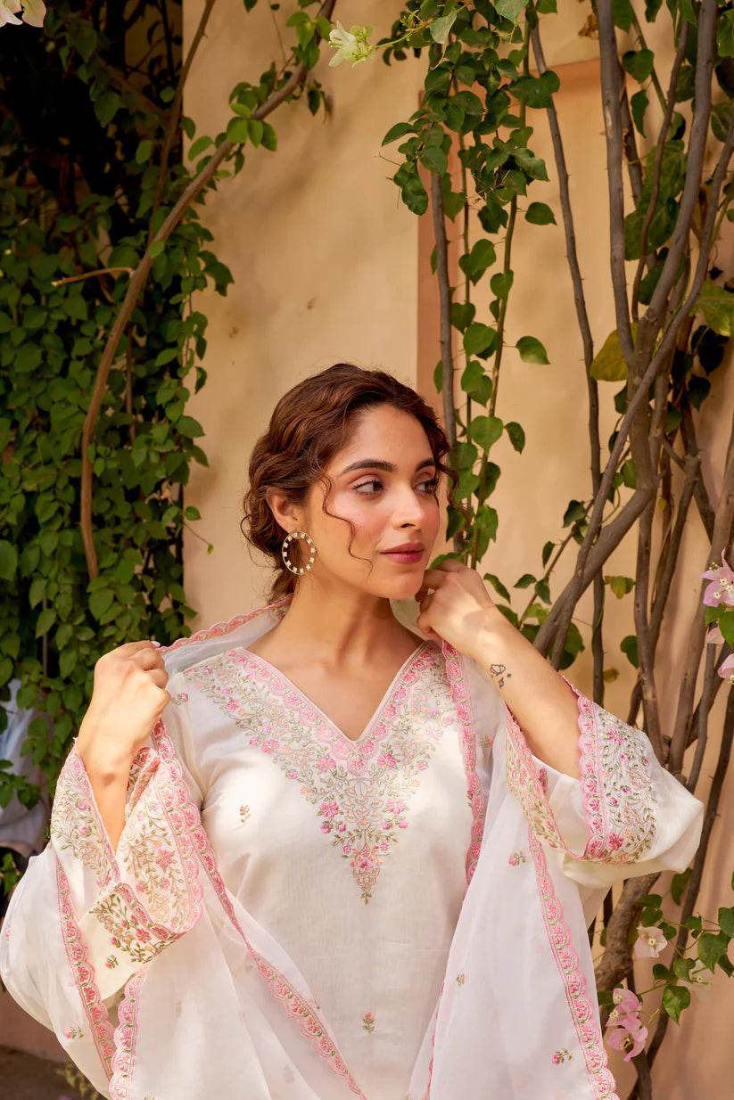 Shahi Vastram: Ivory White Chanderi Embroidered Suit Set. - Eraya