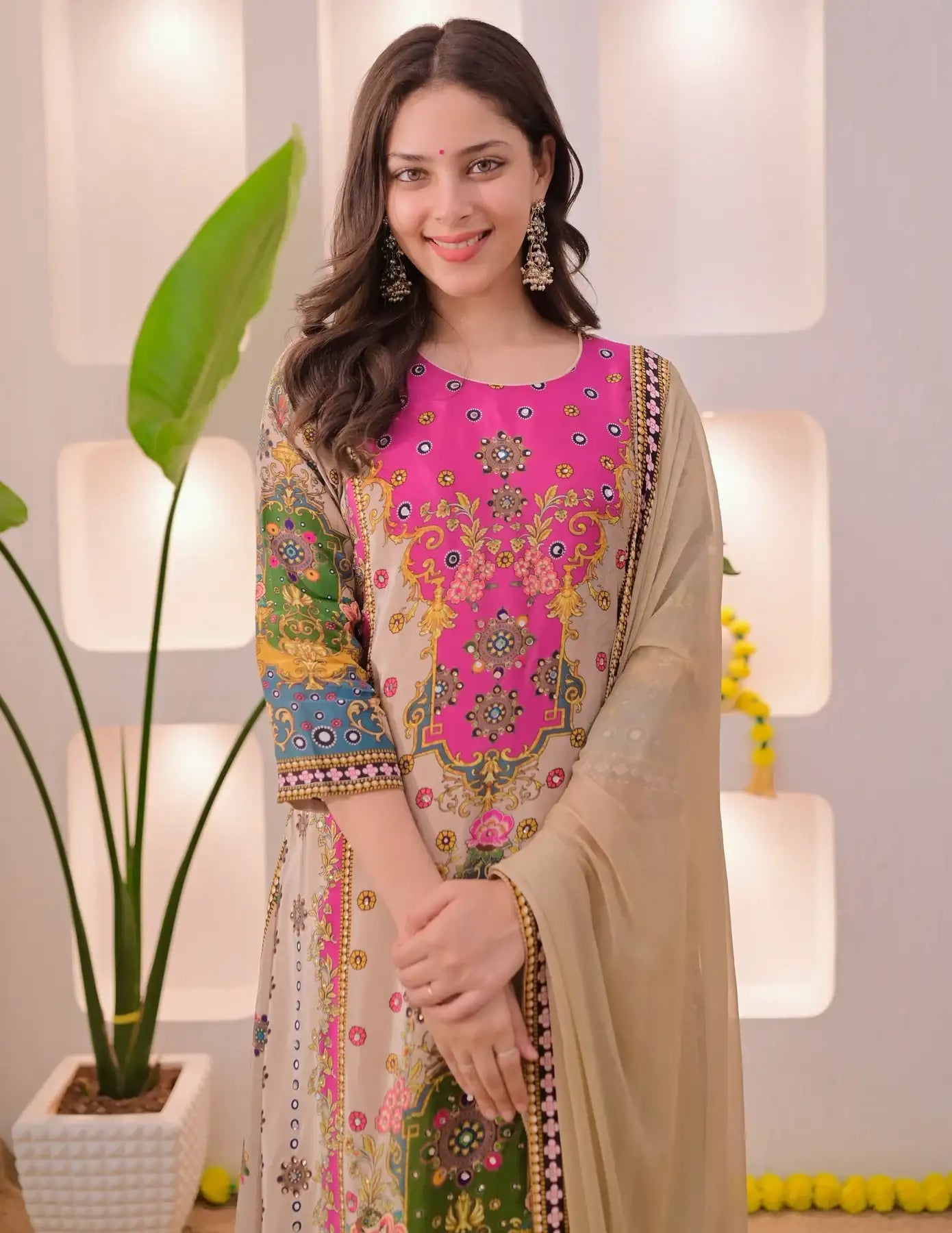 Noor-e-mahal golden beige festive suit (set of 3)