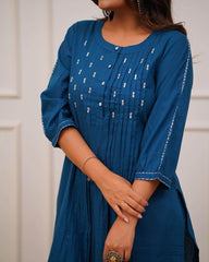 Beautiful teal blue kurti-pant set - Eraya