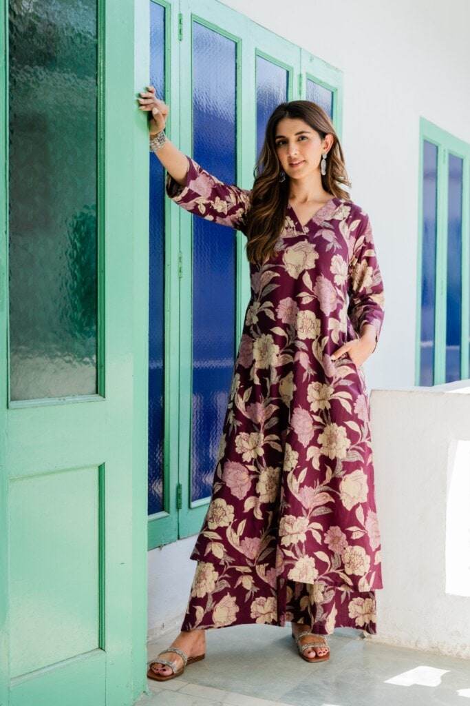 Wine floral kurti-plazo set - Eraya