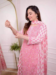 Pink printed A-line cotton kurti set - Eraya