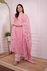 Pink printed A-line cotton kurti set - Eraya