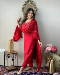 Authentic red embroidered rayon kurti set - Eraya