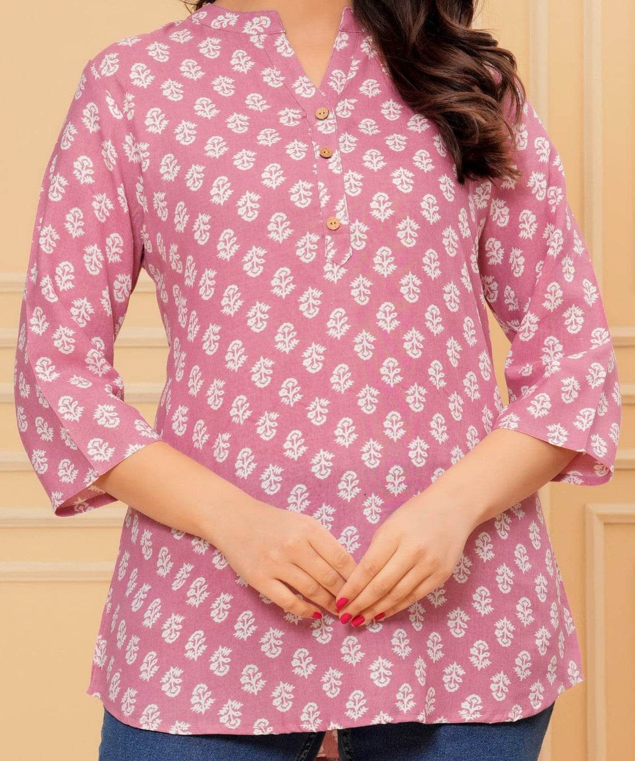 Rayon short kurti printed pink - Eraya