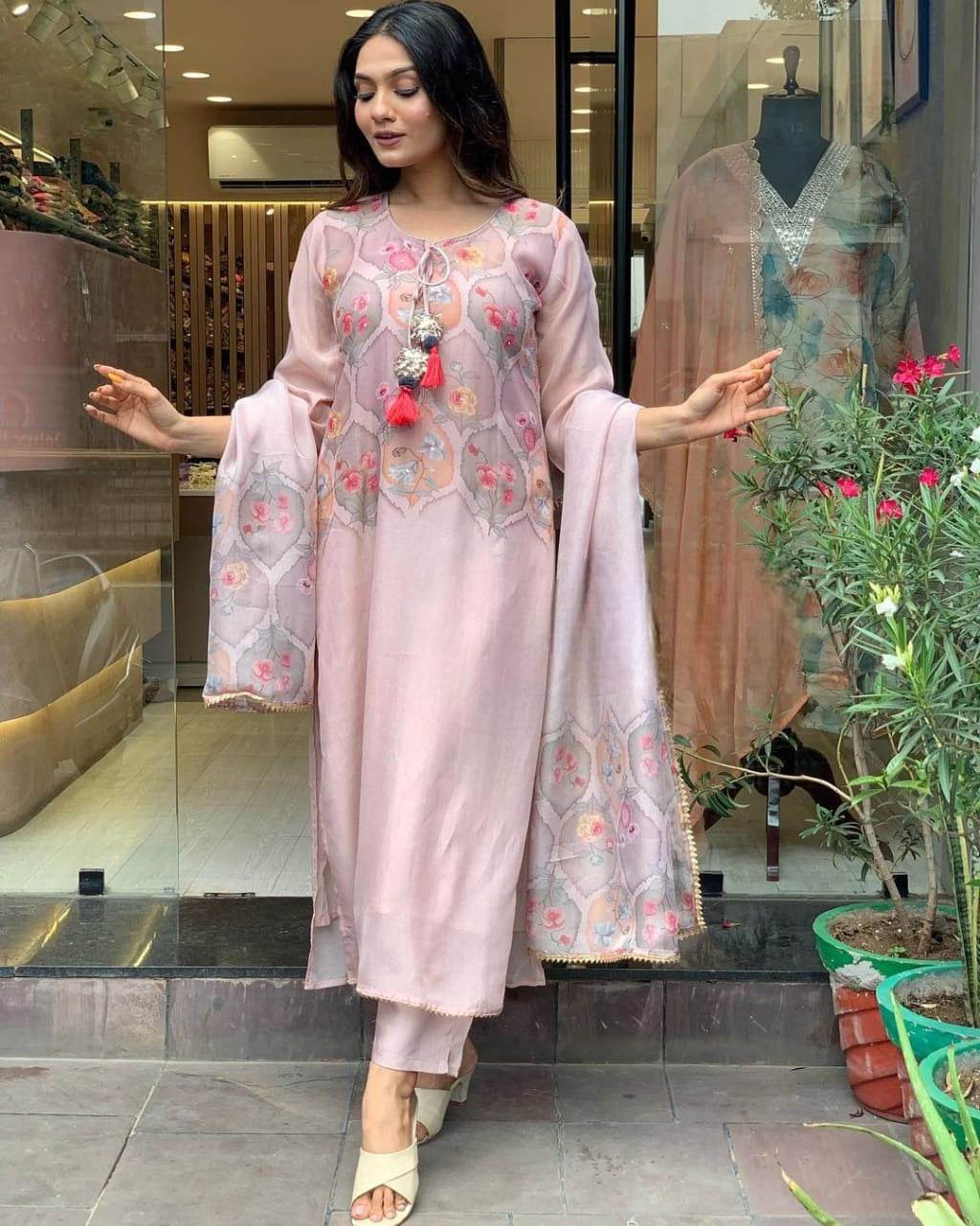 Heavy organza fabric digital print kurti set - Eraya