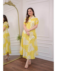 Premium floral yellow cotton gown - Eraya