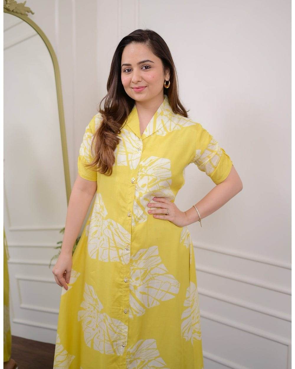 Premium floral yellow cotton gown - Eraya