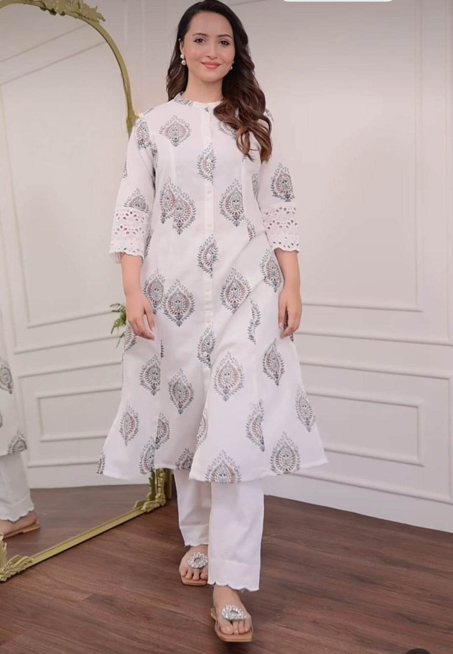 Beautiful cotton aline pattern kurt-pant set - Eraya