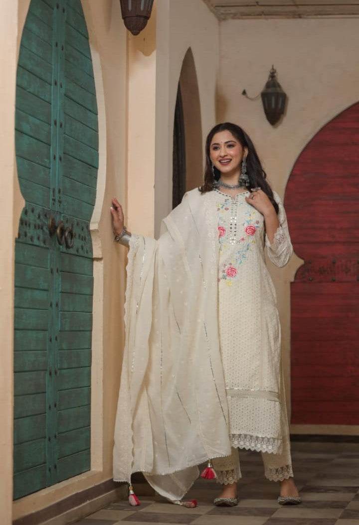 Premium authentic chikan schiffli cotton fabric kurti set - Eraya