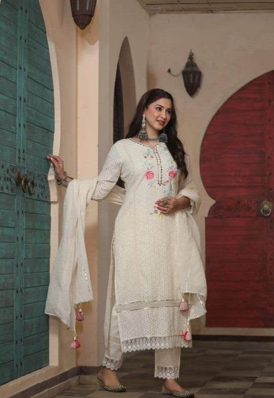 Premium authentic chikan schiffli cotton fabric kurti set - Eraya