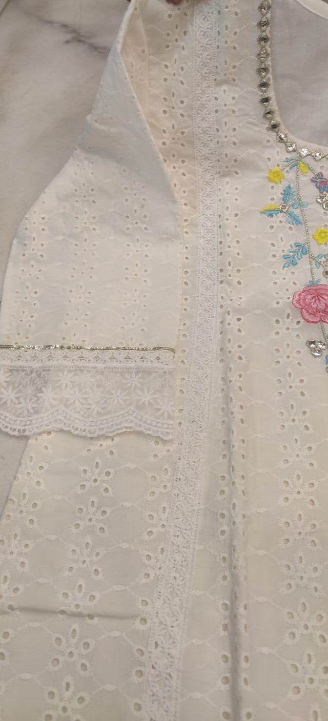 Premium authentic chikan schiffli cotton fabric kurti set - Eraya