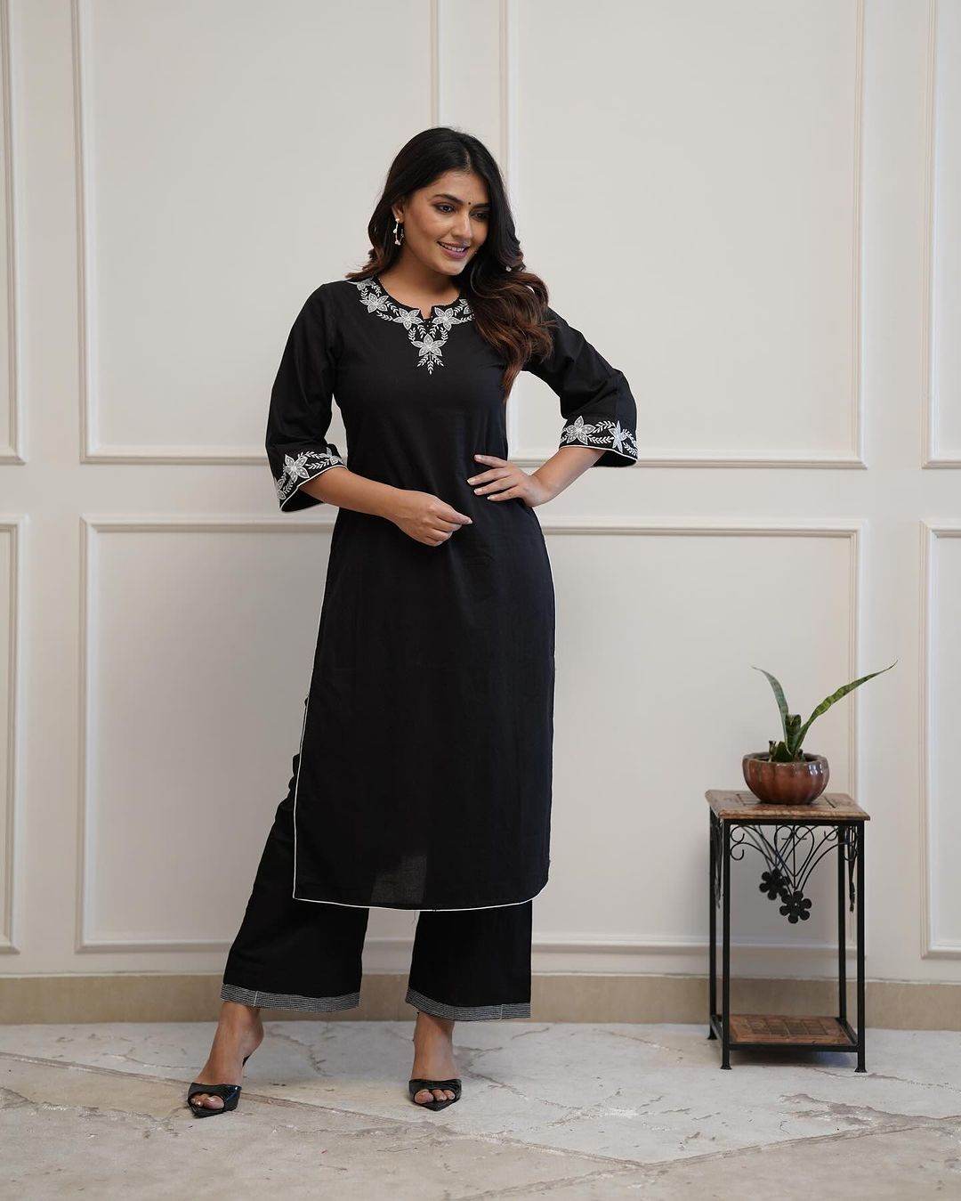 Office wear black cotton embroidery work kurti - Eraya