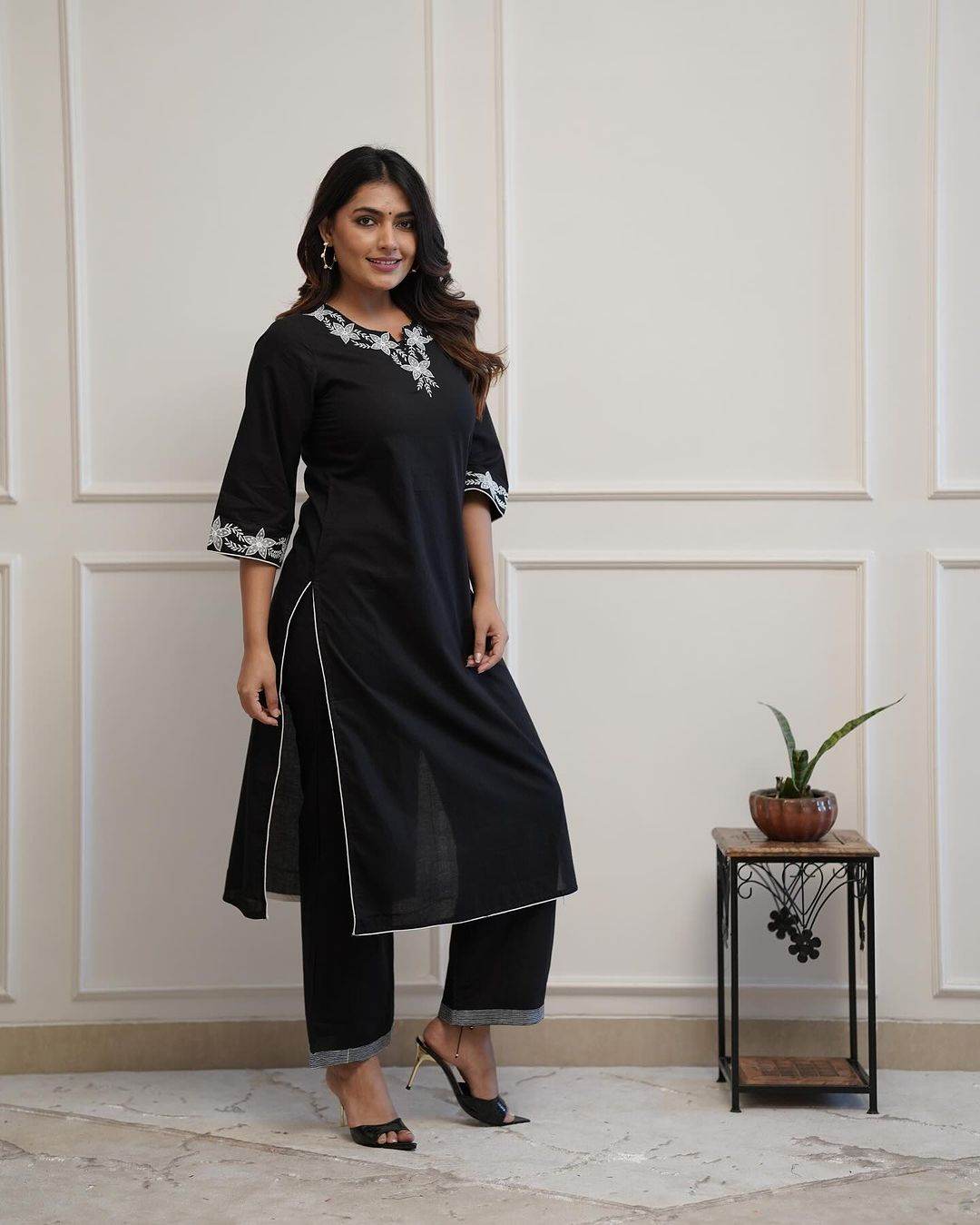 Office wear black cotton embroidery work kurti - Eraya
